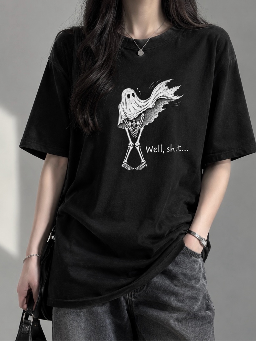 Well Shit Skeleton Ghost Sarcastic Quote Spooky Season Aesthetic Graphic Tee